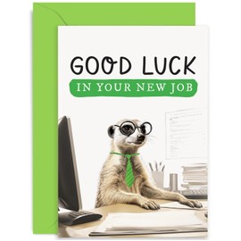 Old English Co. Funny Good Luck New Job Card for Him or Her - Humorous Meerkat Office Well Done Greeting Card for Men Women - New Job Card for Son, Daughter, Brother, Sister | Blank Inside Envelope