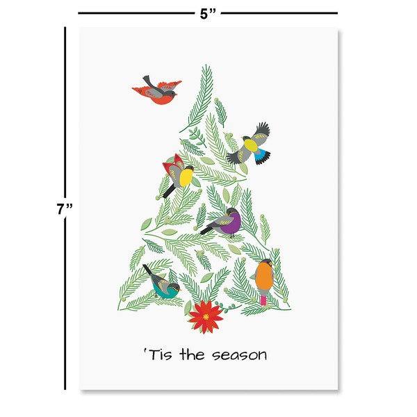Current Birds in Tree Festive Personalized Christmas Cards – Holiday Greetings, Set of 18 Cards and Envelopes