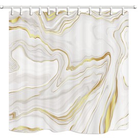 Shocur Marble Shower Curtain, Modern Luxury Cream and White Stone Texture Gold Wave Stripe, 72 x 72 Inches Polyester Fabric Bathroom Decor Set with 12 Hooks