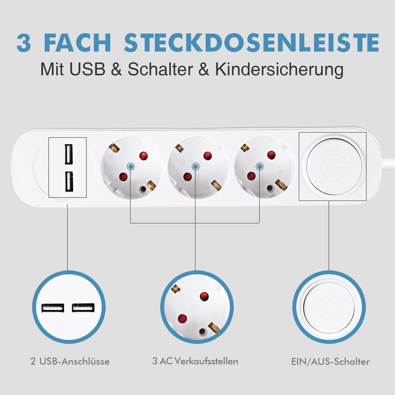 Mehrfachsteckdose mit USB, Realmade 3 Fach Steckdose, Verlängerungskabel Weiß 1,5m