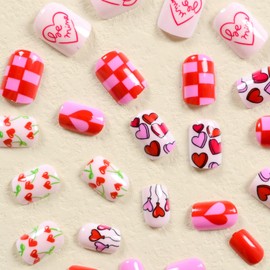 Vezocim Valentine's Day Red Press on Nails Square Short Heart Glossy Full Cover Short Coffin Acrylic Fake Nails with Heart Designs Heart False Nails with Glue Stick on Fingernails for Women Girls