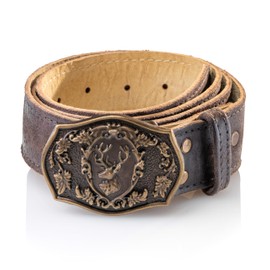Schöneberger Trachten Couture Loris Men's Traditional Leather Belt with Deer Copper Buckle, brown