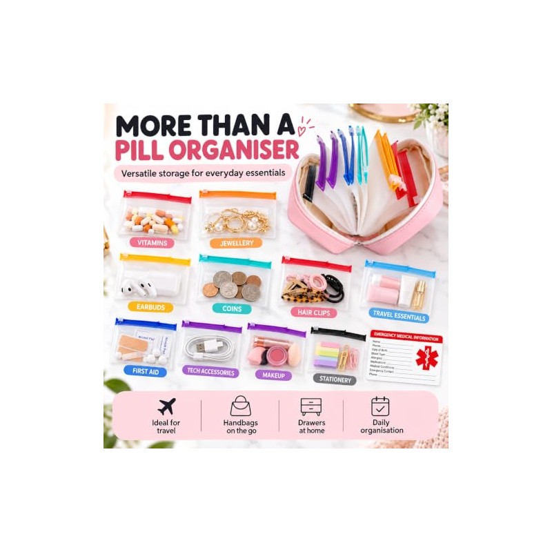 A8 Waterproof Pill Organiser for Travel with 14 Pill Pouch