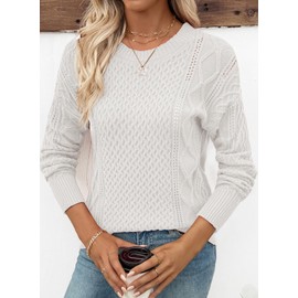 EVALESS Sweaters for Women Fall Clothes for Women 2025 Fashion Long Sleeve Crewneck Sweaters Crochet Lightweight Pullover Sweater Teacher Outfits Winter Clothing Cozy White Tops, Medium