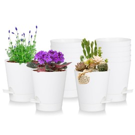 zople 12 Pack 4 Inch Self Watering Plant Pots with Drainage and Saucers，Plastic Flower Pots for Indoor and Outdoor Plants, Nursery Planters for Houseplants and Herbs White, 4 inch 12pcs