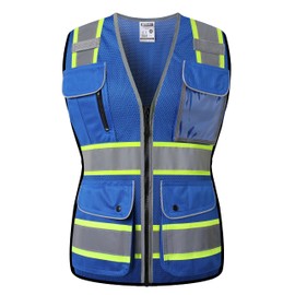 HATAUNKI Reflective Safety Vest for Women Mesh High Visibility Vest with 8 Pockets and Front Zipper High Vis Vest Work Vests Meets ANSI/ISEA Standards(Blue-16, X-Large)