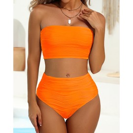 Conjunto de bikini bandeau de cintura alta, traje de baño de dos piezas sin tirantes, acanalado, de cobertura completa, traje de baño, Anaranjado Neón, M