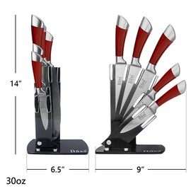 Evelyne GMT-10031 Stainless Steel Kitchen Knife Set with Red Handle Hilt, 5 Knives and 1 Pivotable Swivel Holding Block with See-Thru Side