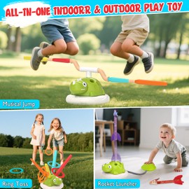 3 in 1 Garden Toys for Toddlers Age 3-5, Outdoor Children's Sports Set-Musical Jump, Ring Toss Game, Rocket Launcher Toy for Kids, Outdoor Play with Remote Control, Games Gifts for Boys Girls Ages 3-8