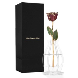 Forever Rose Bloom Box Bundle, 24K Gold Dipped Garnet Rose, The January Birthstone, Real Garnet 24k Gold Dipped Rose, Hand Dipped, 11" to 12" in a Beautiful Phantom Vase and Blooming Box