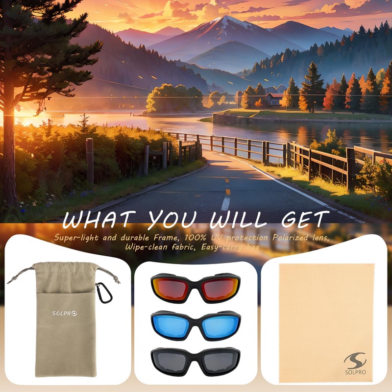 SOL PRO 3 Pairs Motorcycle Riding Glasses, Polarized UV Protection,