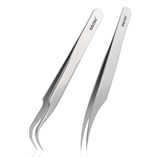 BEZOX Pack of 2 Tweezers for Eyelash Extensions - Straight and Curved Tip Tweezers Nipper Stainless Steel False Lash Application Tools (Dolphin Tweezers and Butterfly Tweezers)