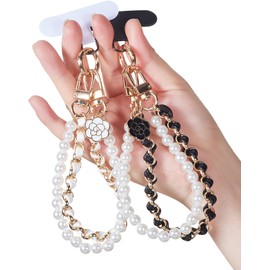 YJUBAOA 2 pcs Beaded Pearls Phone Wrist Strap, Detachable CellPhone Wristlet with Tether Tab, Hands-Free Universal Cellphone Charm Bracelet Strap for Cell Phone Keys AirPods (Black + White) (Style A)
