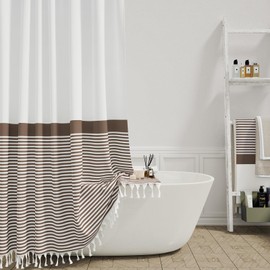 Dynamene Brown Fabric Shower Curtain, Farmhouse Boho Striped Tassel Shower Curtains for Bathroom, Bohemian Textured Cloth Shower Curtain Set with Hooks, Water Repellent, Wrinkle Free, 72x72