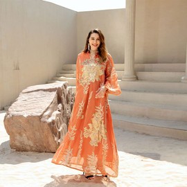 Abayas for Women Muslim Long Sleeve Maxi Dress Loose Full Cover Islamic Dubai Robe Kaftan Abayas Orange Medium