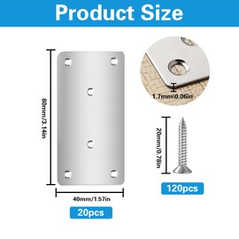 Pack of 20 Flat Connectors, Stainless Steel, Wood Connectors, Metal Connectors for Wood, Flat Angle, Perforated Plate, Metal Perforated Plate, Mounting Plate for Wooden Chairs, Furniture Connecting