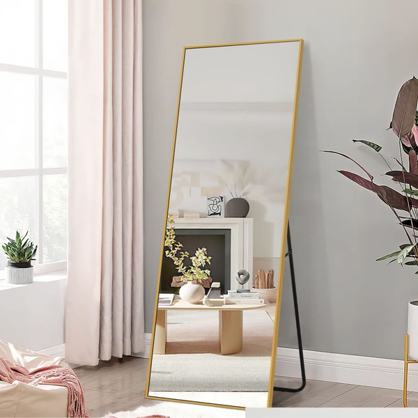 NeuType Full Length Mirror Dressing Mirror 64"x21" Large Rectangle Bedroom Floor Standing Mirror Wall-Mounted Mirror Standing Hanging or Leaning Against Wall Aluminum Alloy Thin Frame (Gold)