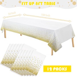 GATHER 12pcs White and Gold Tablecloth,54 inch x108 inch Rectangular Disposable Tablecloths, Suitable for Birthday, Graduation, Restaurant, Wedding Decoration Tablecloth，Thanksgiving Tablecloth