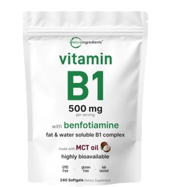 Micro Ingredients Vitamin B1 Thiamine 500mg with Benfotiamine & MCT Oil, 240 Softgels | Highly Bioavailable Thiamine Supplement for Energy & Nervous System Support* | Non-GMO, Soy Free
