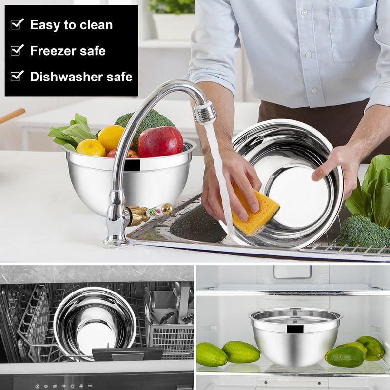 E-far Mixing Bowls with Lids, 6-Piece Stainless Steel Salad Bowls