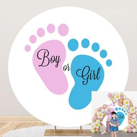 OERJU Round Gender Reveal Backdrop Cover, Blue, 7.2ft Diameter, Polyester, Includes Only Backdrop, Perfect for Baby Shower, Pregnancy Surprise Party Decorations