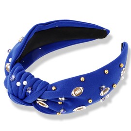 CIEHER Football Headband Wide Knotted Headband for Women Crystal Baseball Headband Fun Sports Team Game Day Twisted Knot Hairband Hair Accessories for Football Fans (Blue)