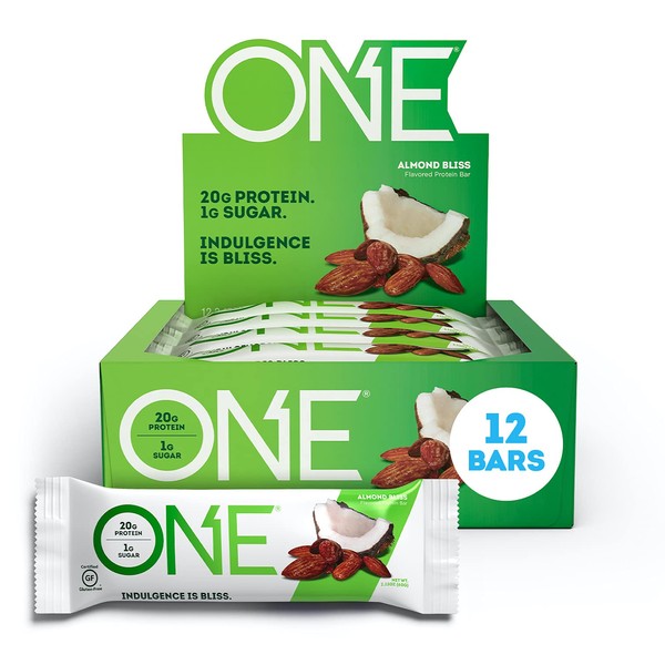 ONE Protein Bar, Almond Bliss, 2.12 oz., Gluten-Free Protein Bar with High Protein (20g) and Low Sugar (1g), Guilt Free Snacking for Healthy Diets