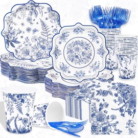 FULJOOY 200Pcs Blue & White Floral Party Supplies 7" 9 Inch Disposable Elegant Paper Plates With Scalloped Rims Napkin Cups Chinoiserie Vintage Flower Tableware Set for Wedding Engagement Baby Shower