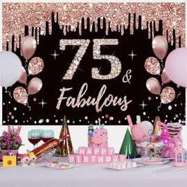 75th Birthday Decorations for Women, 75th Birthday Decoration Black and Rose Gold Glitter Spots Fabric Sign Poster, 75th Birthday Background Banner Woman 75th Birthday Party Decoration