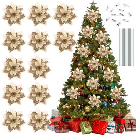 Yasdyri Christmas Poinsettia Flowers 12 Pcs Glitter Christmas Tree Flowers Christmas Poinsettia Decorations with 12Pcs Clips and Stems Xmas Tree Flowers for Christmas Tree Ornaments (Gold)