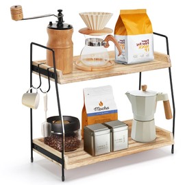 Honlibey 2 Tier Coffee Bar Organizer for Countertop, Wooden Coffee Station Organizer with 2 Cup Hooks, Countertop Organizer for Bathroom, Kitchen, Coffee Bar, Holiday Decorations