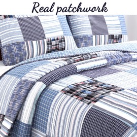 Cozy Line Home Fashions 100% Cotton Reversible Quilt Bedding Set, Navy Blue Denim Plaid Striped Real Patchwork Coverlet Bedspread (Daniel Patchwork, King-3 Piece)