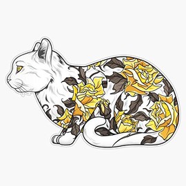 Cat in Yellow Roses Tattoo Sticker Outdoor Rated Vinyl Sticker Decal for Windows, Bumpers, Laptops or Crafts 5"