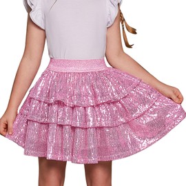Girls Sequin Pink Metallic Skirt Ruffle Sparkle Glitter Shiny Skirts for 8 9Y Dance Outfit Party Scooter Elastic Waist Skorts