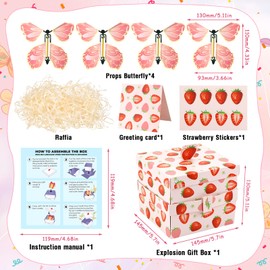 VZXZXE Surprise Gift Box Butterfly, Strawberry DIY Explosion Box, Birthday Explosion Box with 4 Butterflies and Raffia Gift for Friends and Family