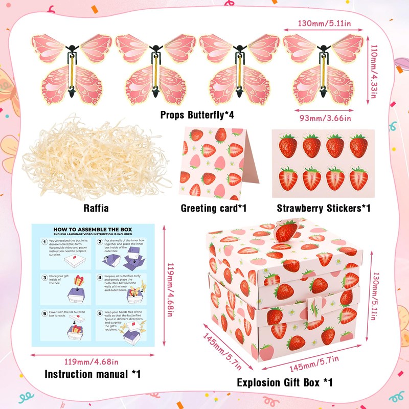 VZXZXE Surprise Gift Box Butterfly, Strawberry DIY Explosion Box, Birthday