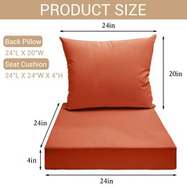 THMINS 2 Pack Outdoor Patio Cushion Set, 24x24 Inch, Deep Seat, Splash-Proof and Fade-Resistant, Seat Back Set for Patio Sofa Chairs, Orange.