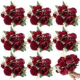 Lyrow 8 Pcs Peony Artificial Flowers Fake Silk Hydrangea Bouquet Elegant Peony Flowers for Wedding Decoration Faux Realistic Floral for Home Party Table Centerpieces Arrangement (Claret)