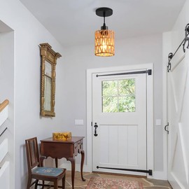 WANWAJA Rattan Pendant Light Fixtures, Boho Rattan Pendant Light with Hand-Woven Shade, Bohemian Chandelier Hanging Light, Rustic Farmhouse Boho Hanging Lamp for Kitchen Island Bedroom Dining Room.