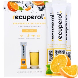 Recuperol Electrolytes Sachets | Electrolytes Powder for Rehydration | 8 Sachets | Sugar-Free Hydration Powder | Zinc, Vitamin C, B12, D3, Potassium | Natural Orange Flavour