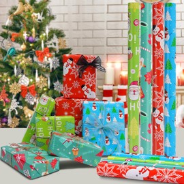 Christmas Wrapping Paper, Gift Wrapping Paper Roll with Snowman & Snowflakes Pictorial for Christmas, New Year, Holiday, Party, 4 Rolls, 17 In X 17 Feet In Per Roll