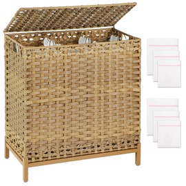 SETVSON Laundry Hamper with Lid 132 L, (35 Gallons) Clothes Hamper with Lid, Handwoven Rattan Laundry Hamper with Metal Heightened Feet, Laundry Hampers with 3 Removable Liner Bags for Laundry-Natural