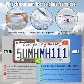 Rugged Stainless Steel License Plate Frame 2 Pack, Resistant Rustproof Car Tag Holder with Anti-Theft Screw Caps, Rattle-Proof Pads, Tire Valve Caps, 