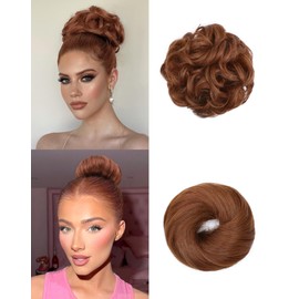 HSLHDI 2PCS Messy Bun Hair Piece-Large Wavy Curly & Donut Updo Hair Pieces Set, Scrunchies Synthetic Chignon Ponytail Extensions Thick Updo for Women(Auburn)