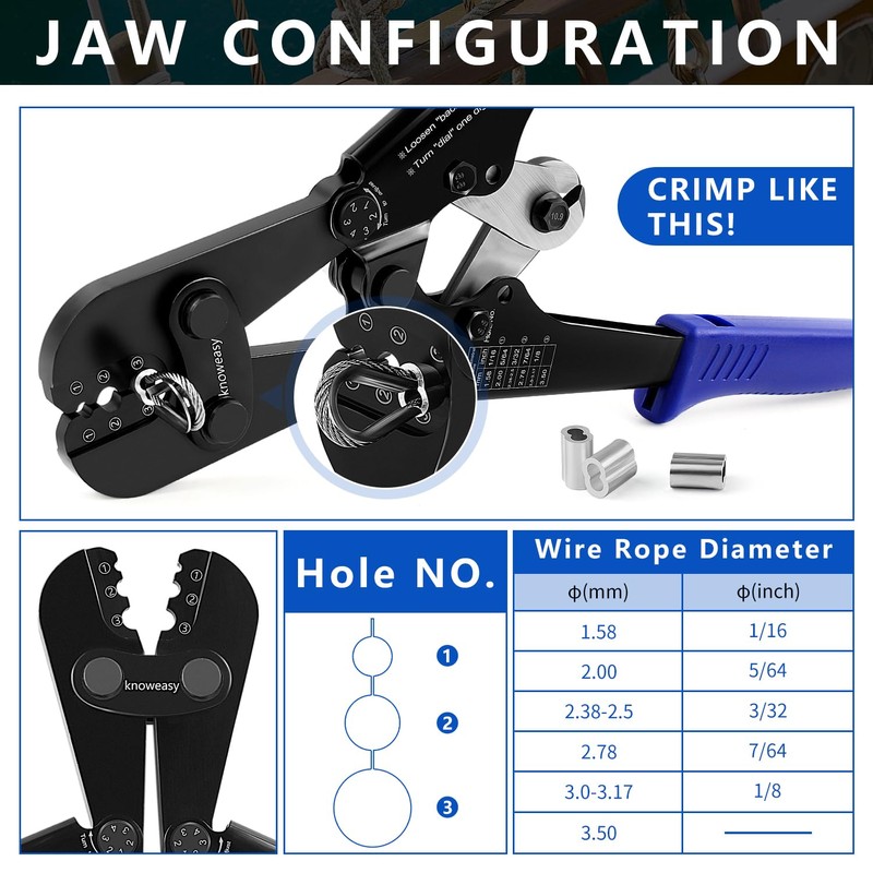 Knoweasy 2-in-1 Wire Rope Crimping and Cutting Tool, for 1/16-Inch