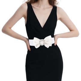 Choleeki Women's Circle Rhinestone Elastic Bow Belt Wide Stretch Belts Ladies Waist Accessories for Dress (White, S)