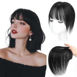 Hair Toppers for Women Real Human Hair Upgrade Base Seamless 360°3D Cover Topper for Women with Thinning Crown Wispy Clip in Bangs Realistic Scalp Line HairPieces Natural Black