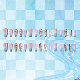30Pcs Medium Press on Nails Coffin Fake Nails with Gold Plaid Crack Designs Blue Gradient False Nails Full Cover Acrylic Stick on Nails Glossy Gel Glue on Nails for Women