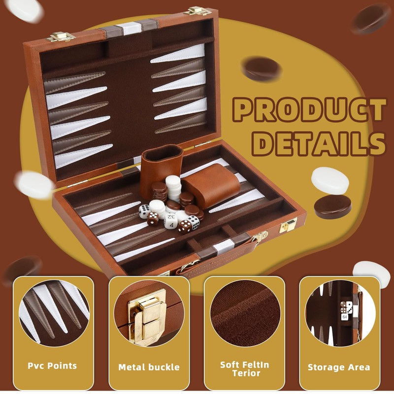 Backgammon, Backgammon Case, Backgammon Wood, with High-Quality Leather Case, Portable
