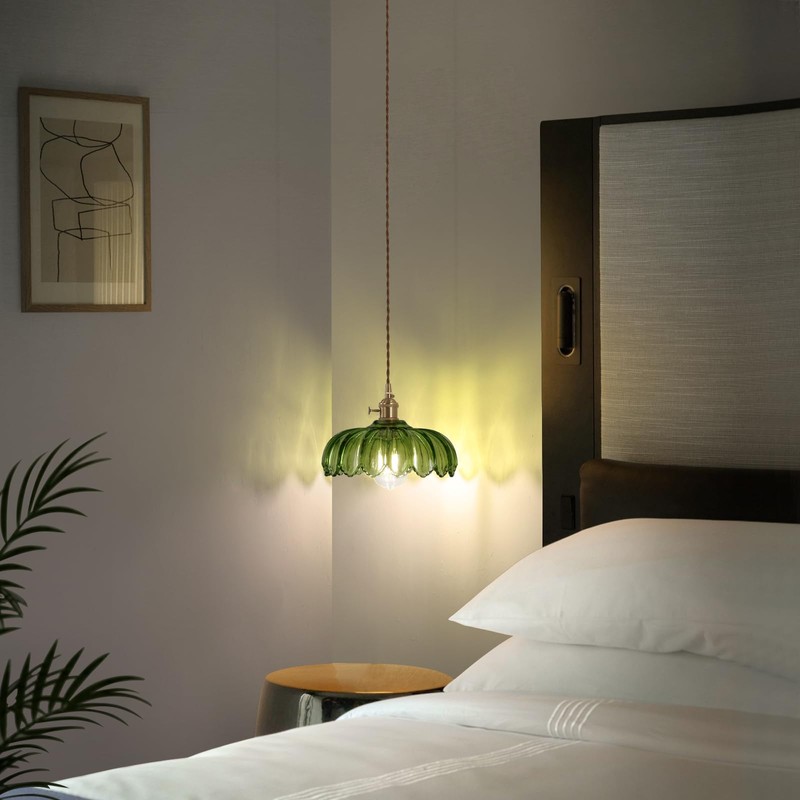 Shenmoyl Pendant Light with Green Scindapsus Glass Lmapshade, Brass Vintage